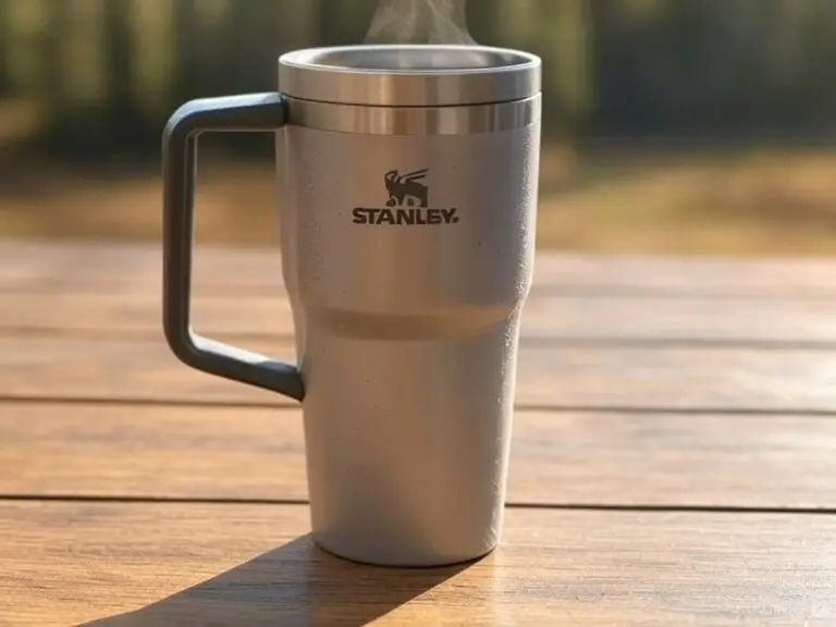 A Stanley travel mug on a table